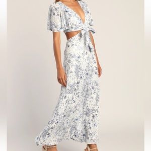 Stroll the Avenues White Floral Print Tie-Front Maxi Dress
